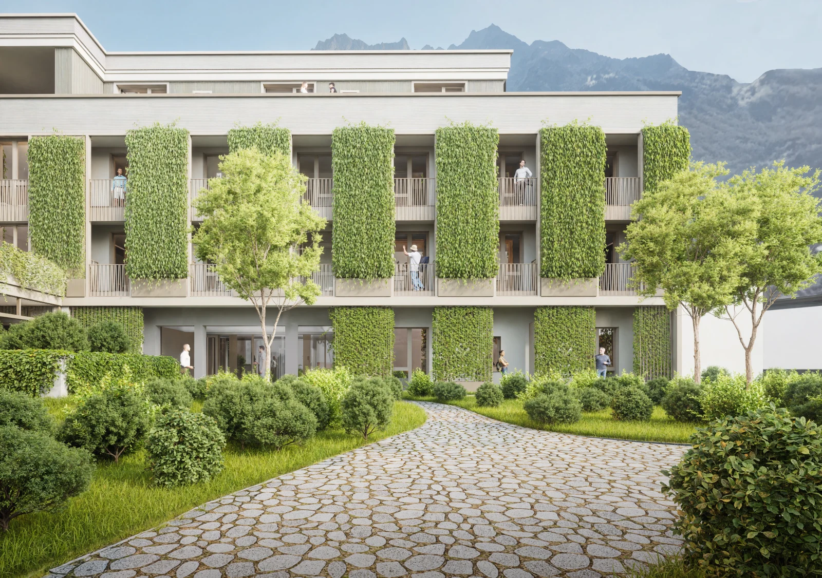 Innenhof mit begrünter Fassade (Visualisierung)